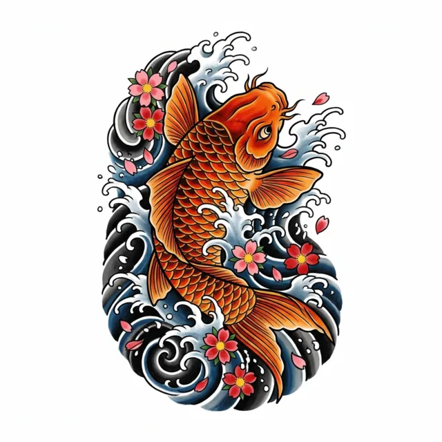 AI tattoo design: a koi fish swimming through waves and cherry blossoms, Japanese style