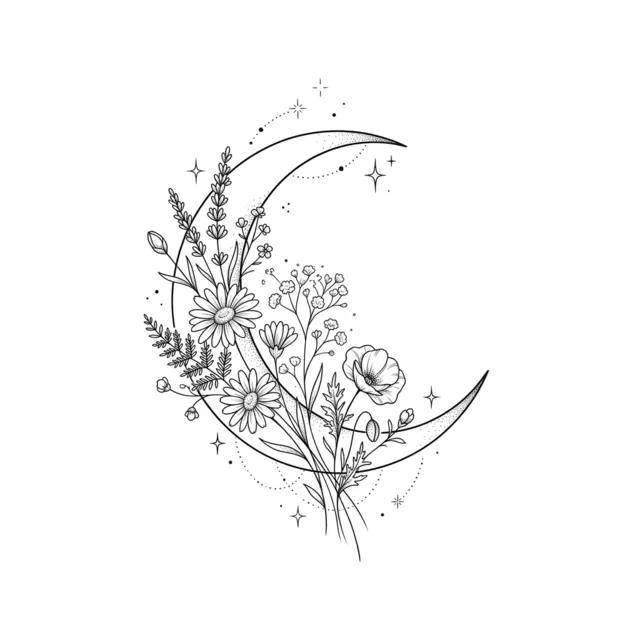 AI tattoo design: a crescent moon wrapped in wildflowers, Fine line style