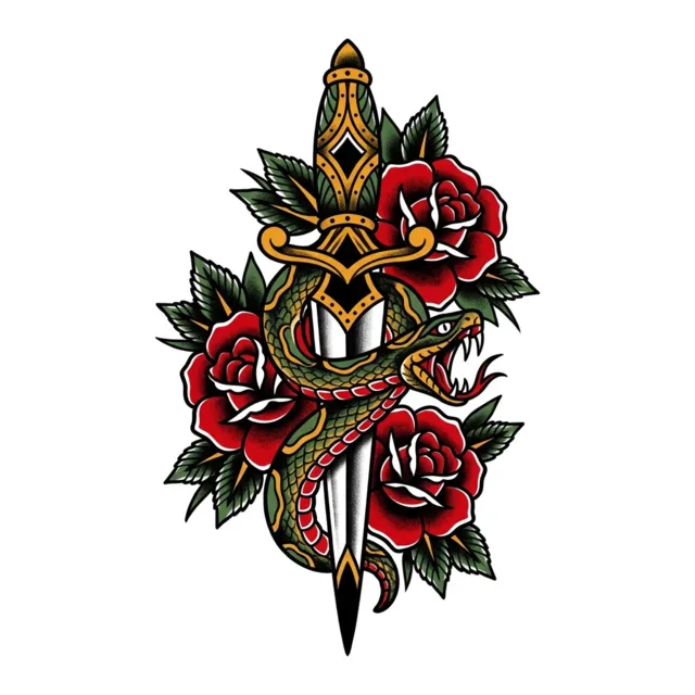 AI tattoo design: a snake coiled around a dagger with roses, American traditional style