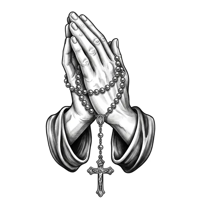 Black & grey tattoo design: a praying hands holding a rosary