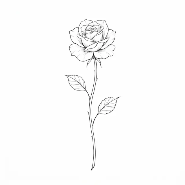 Fine line tattoo design: a single rose with a long stem and two leaves