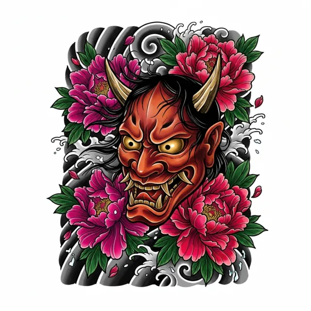 Japanese tattoo design: a hannya mask with peonies