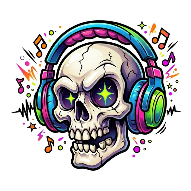 New school tattoo design: a cartoon skull wearing headphones