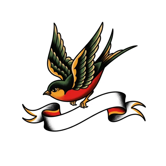 American traditional tattoo design: a swallow carrying a banner