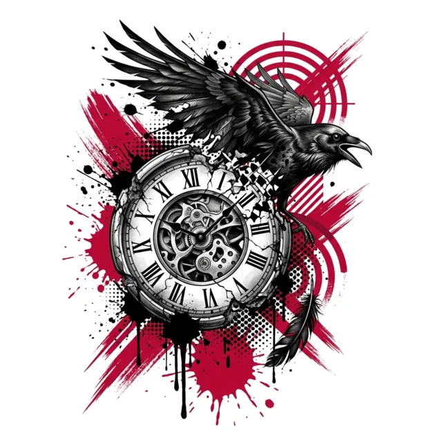 Trash polka tattoo design: a clock and crow collage