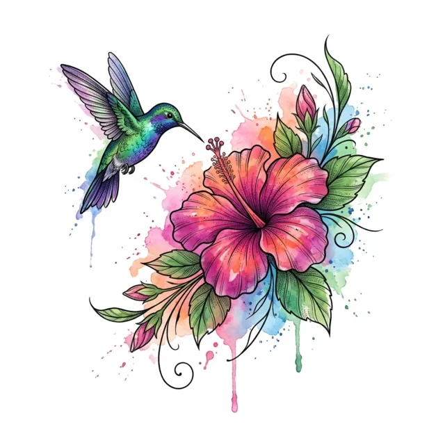Watercolor tattoo design: a hummingbird and hibiscus flower